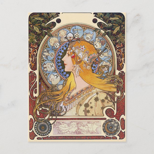 Mucha Art Nouveau Postcard -  Zodiac  - La Plume (Front)