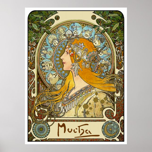 Mucha Art Nouveau Poster -  Zodiac  - La Plume (Front)