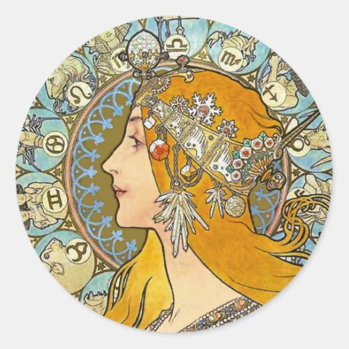 Mucha Art Nouveau Poster _  Zodiac  _ La Plume Classic Round Sticker