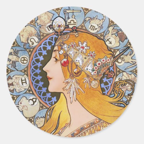 Mucha Art Nouveau Poster _  Zodiac  _ La Plume Classic Round Sticker