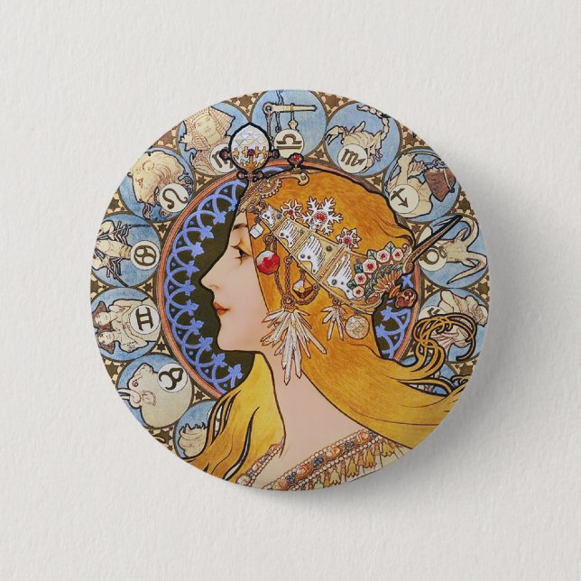 Mucha Art Nouveau Poster -  Zodiac  - La Plume Pinback Button (Front)