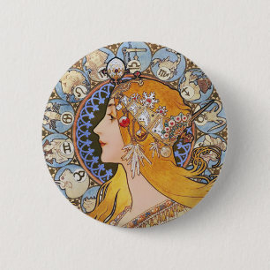 Mucha Art Nouveau Poster - Zodiac - La Plume Pinback Button