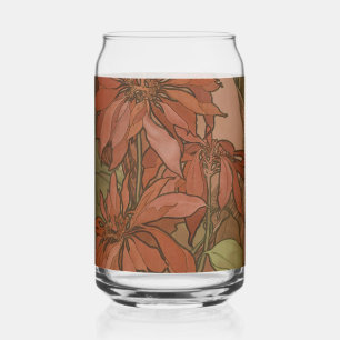 Mucha Art Nouveau Red Poinsettia Floral Pattern Can Glass