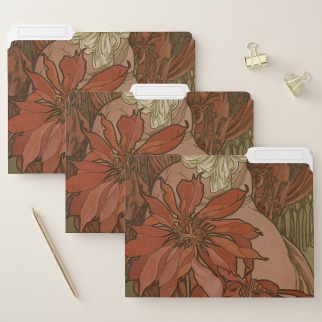 Mucha Art Nouveau Red Poinsettia Floral Pattern File Folder (Set)