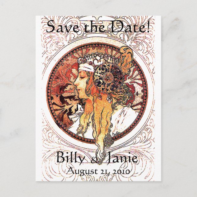 Mucha Art Nouveau Save the Date Postcard (Front)