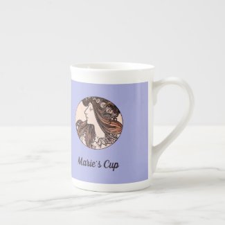 Mucha Art Nouveau Woman and Pink Flowers on Purple Bone China Mug