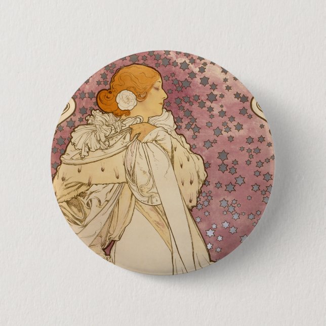 Mucha Art Nouveau Woman Beauty Button (Front)