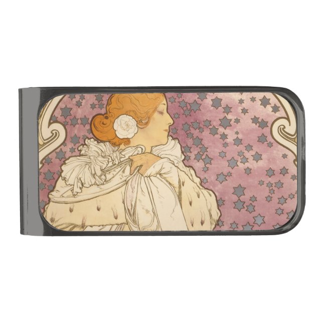 Mucha Art Nouveau Woman Beauty Gunmetal Finish Money Clip (Front)
