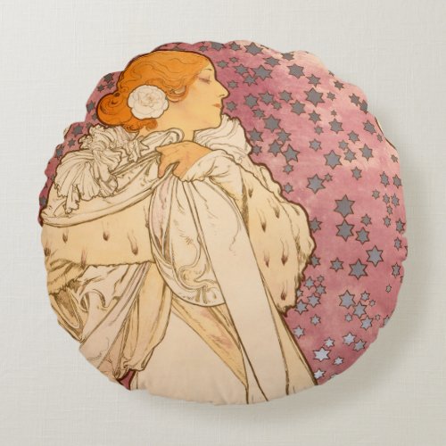 Mucha Art Nouveau Woman Beauty Round Pillow