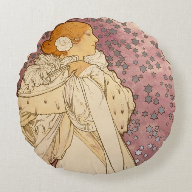Mucha Art Nouveau Woman Beauty Round Pillow (Front)