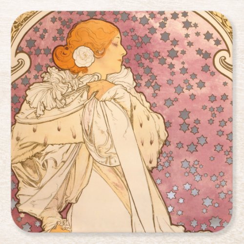 Mucha Art Nouveau Woman Beauty Square Paper Coaster