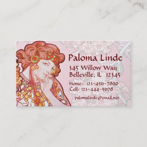 Mucha Art Nouveau Woman &amp; Flowers Business Cards