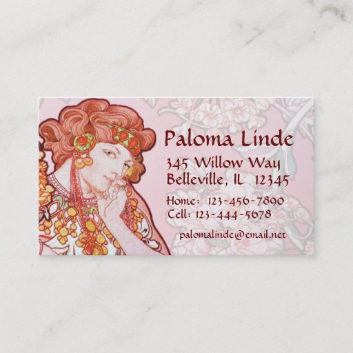 Customizable Mucha Art Nouveau Woman &amp; Flowers Business Cards