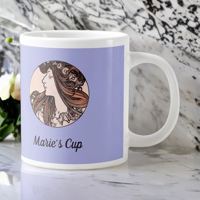 Mucha Art Nouveau Woman Pink Flowers on Purple Giant Coffee Mug (Creator Uploaded)