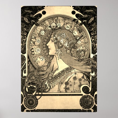 Mucha Art Nouveau Woman Vintage French Zodiac Post Poster