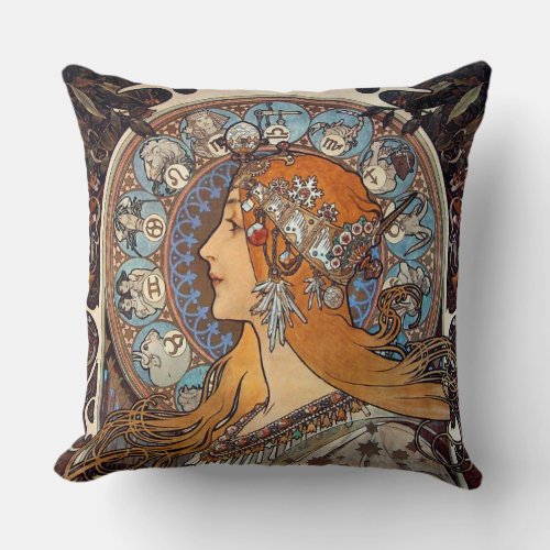 Mucha Art Nouveau Woman Vintage French Zodiac Throw Pillow