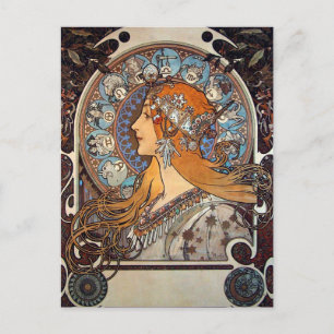 Mucha Art Nouveau Woman Vintage Zodiac La Pluma I Invitation Postcard