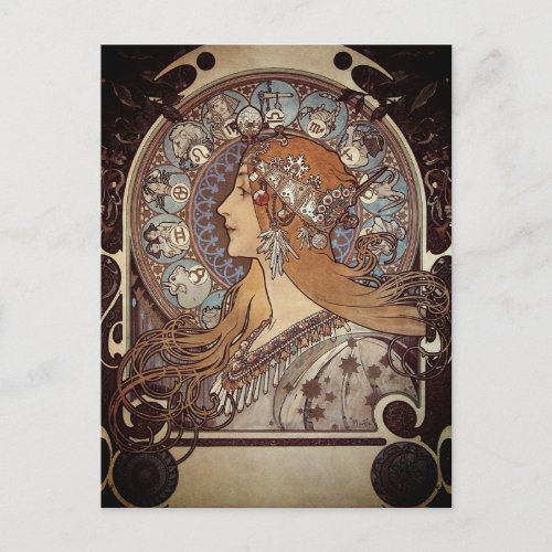 Mucha Art Nouveau Woman Vintage Zodiac La Pluma Po Postcard