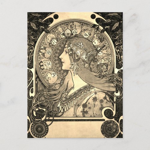 Mucha Art Nouveau Woman Vintage Zodiac La Pluma Po Postcard