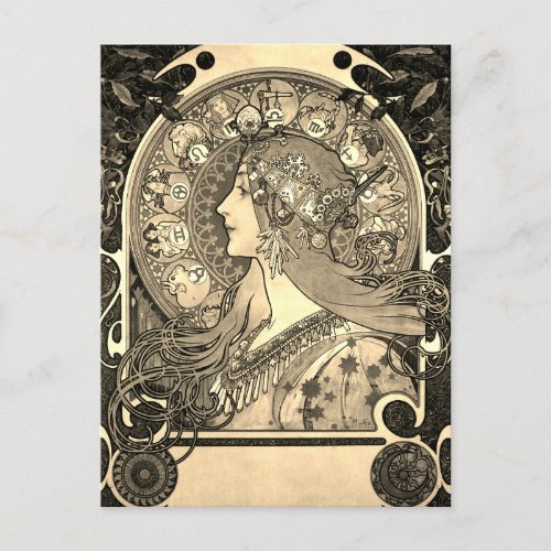 Mucha Art Nouveau Woman Vintage Zodiac La Pluma Postcard