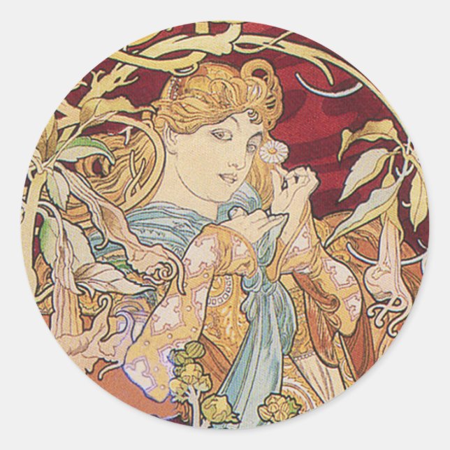 Mucha Art Nouveau: Woman With Daisy Classic Round Sticker (Front)