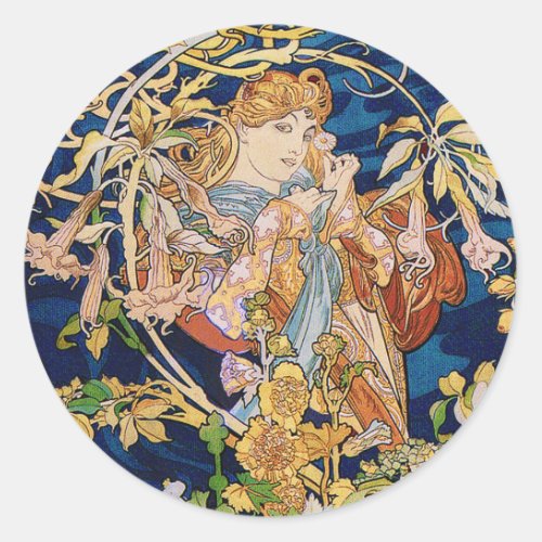 Mucha Art Nouveau Woman With Daisy Classic Round Sticker
