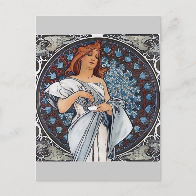 Mucha art white dress woman spoon cup postcard (Front)