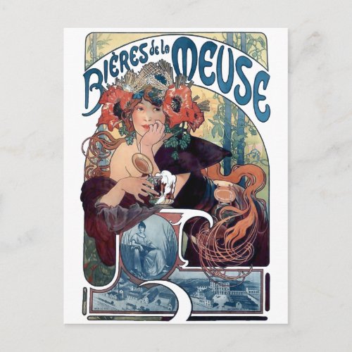 Mucha beer Bieres de la Meuse vintage ad Postcard