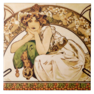 Mucha Cherry Blossoms and Cherries Ceramic Tile