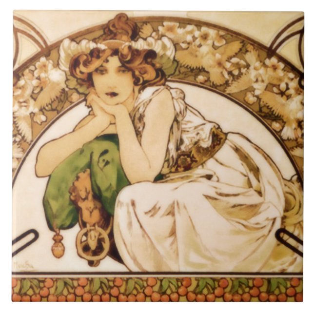 Mucha Cherry Blossoms and Cherries Ceramic Tile (Front)