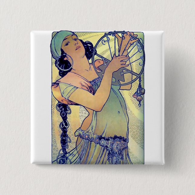 mucha gypsy tambourine dance music woman pinback button (Front)