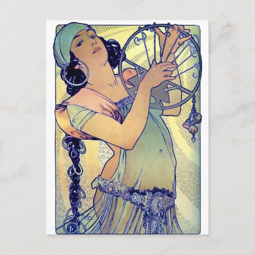 mucha gypsy tambourine dance music woman postcard