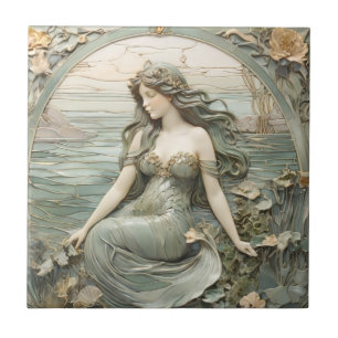 Mucha inspo Mermaid Art Nouveau Faux Relief L Mint Ceramic Tile