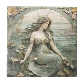 Mucha inspo Mermaid Art Nouveau Faux Relief R Mint Ceramic Tile