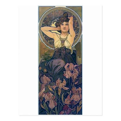 Mucha iris flowers woman art deco postcard | Zazzle