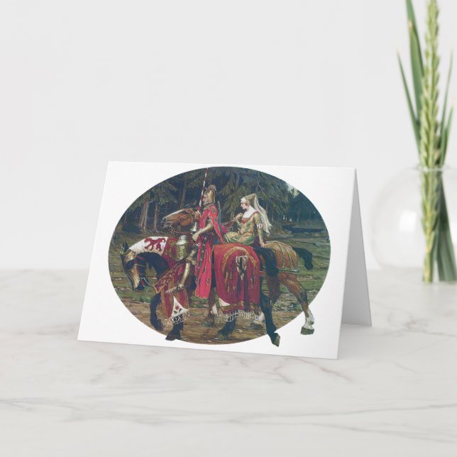 Mucha knight lady painting horses forest romantic card (Front)