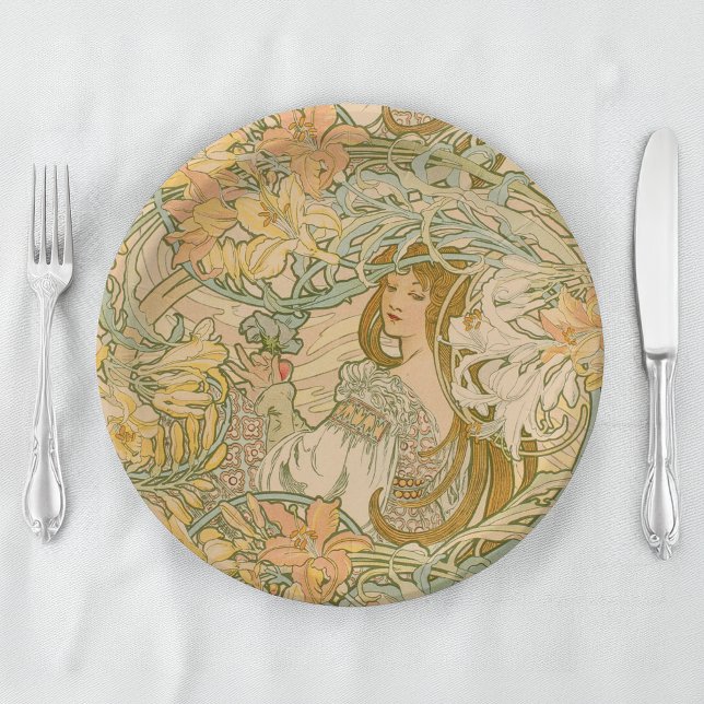 Mucha Language of Flowers Lilies Art Nouveau Paper Plates (Creator Uploaded)