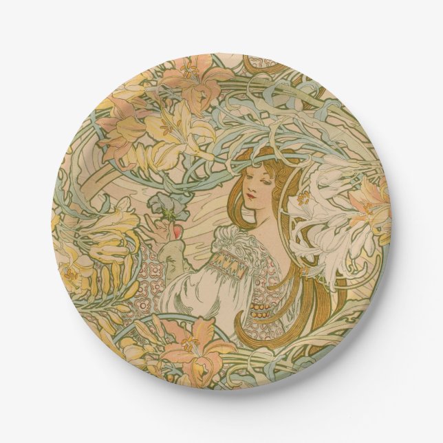 Mucha Language of Flowers Lilies Art Nouveau Paper Plates (Front)
