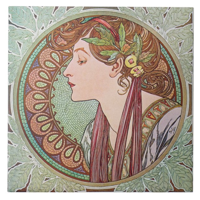 Mucha Laurel Art Nouveau Art Tile Trivet Gift Box (Front)