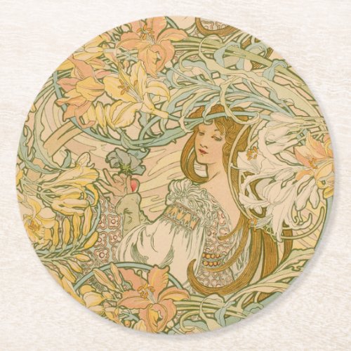 Mucha Lilies Art  Nouveau Language of Flowers Round Paper Coaster