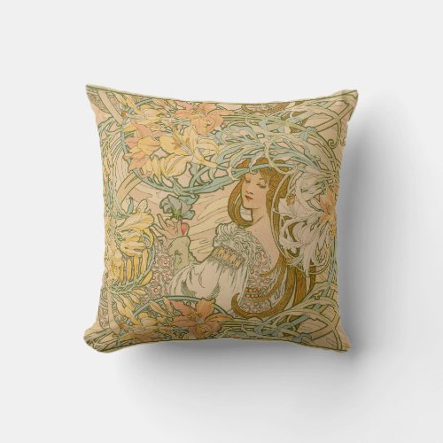 Mucha Lilies Language of Flowers Art Nouveau Throw Pillow