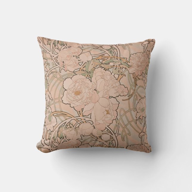 Mucha Peonies Apricot Throw Pillow (Front)