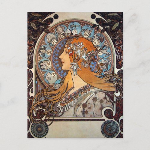 Mucha Retro Art Nouveau Woman Vintage Zodiac Pluma Postcard