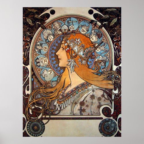 Mucha Retro Art Nouveau Woman Vintage Zodiac Pluma Poster