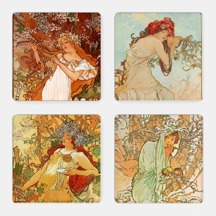 Mucha Seasons 1896 Vintage Art Nouveau Elegant Coaster Set