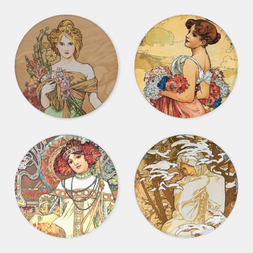 Mucha Seasons 1900 Elegant Vintage Art Nouveau Coaster Set