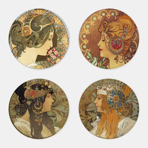 Mucha Vintage Elegant Blonde Brunette Art Nouveau Coaster Set