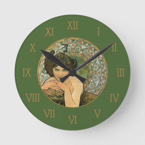 Mucha Vintage Green Emerald Temptress Elegant Round Clock