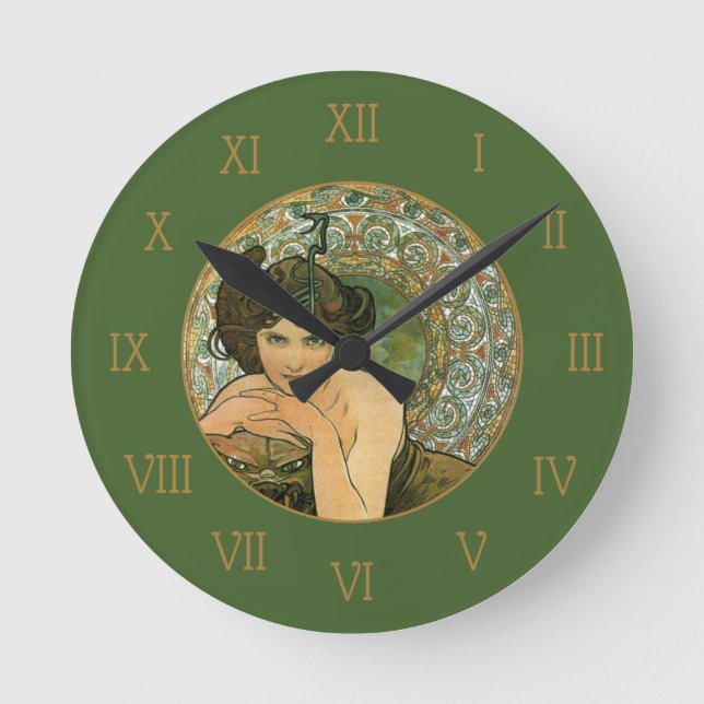 Mucha Vintage Green Emerald Temptress Elegant Round Clock (Front)