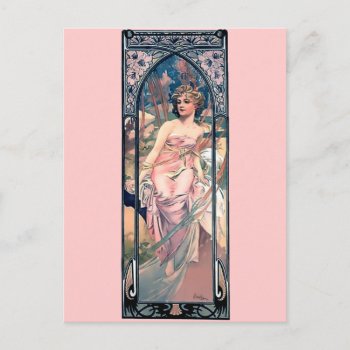 Mucha Woman Pink Romantic Dress Art Deco Lady Postcard by EDDESIGNS at Zazzle